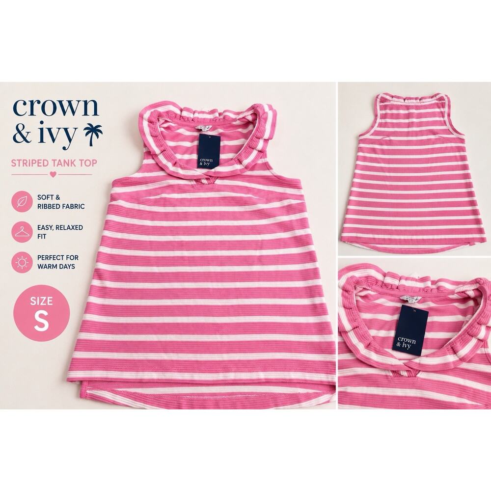 Crown & Ivy Women’s Small Pink White Striped Sleeveless Mock Neck Tank Top